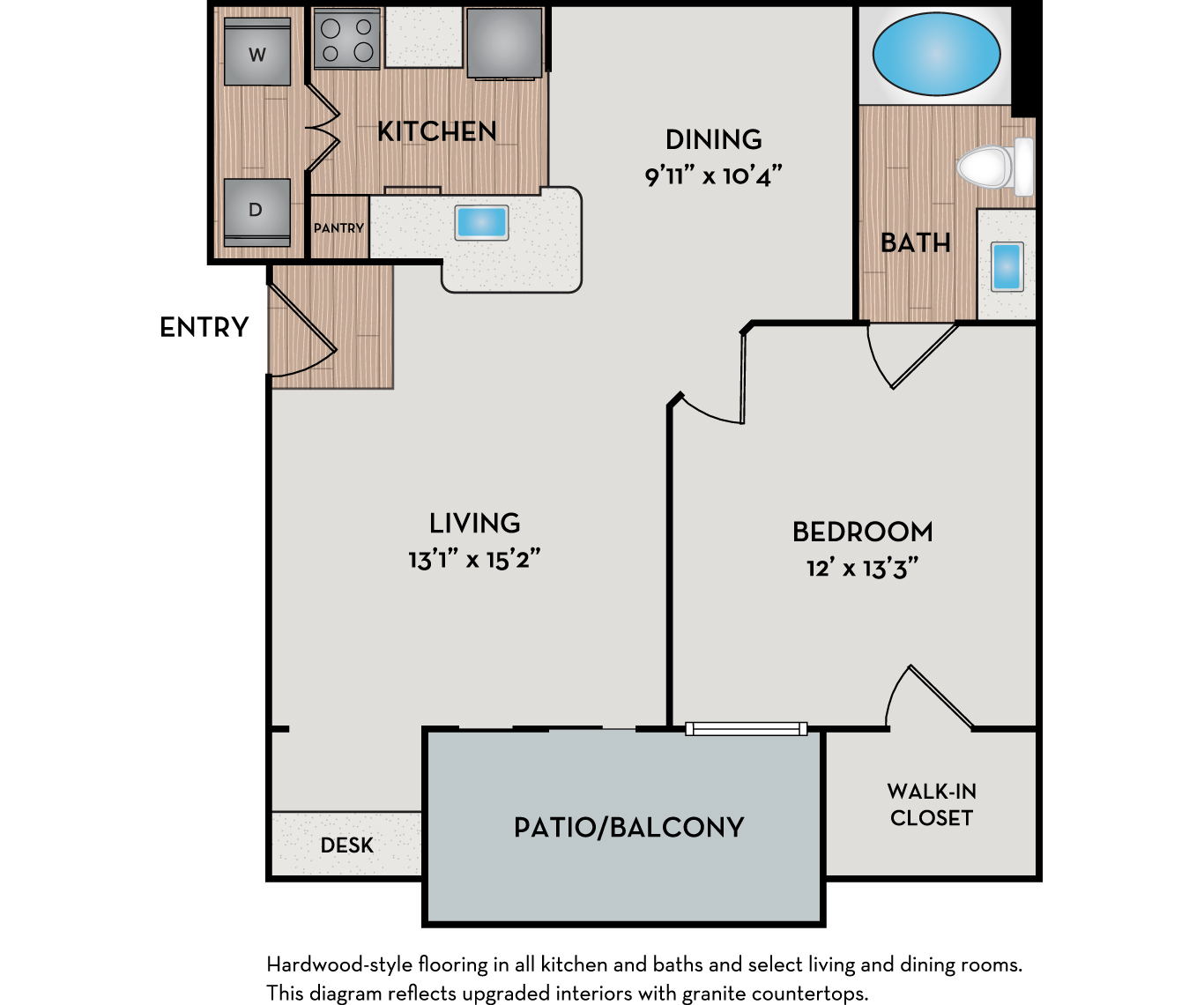 Floor plan for 1 bed, 1 bath, 720 sqft