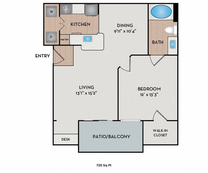 Floor plan for 1 bed, 1 bath, 720 sqft