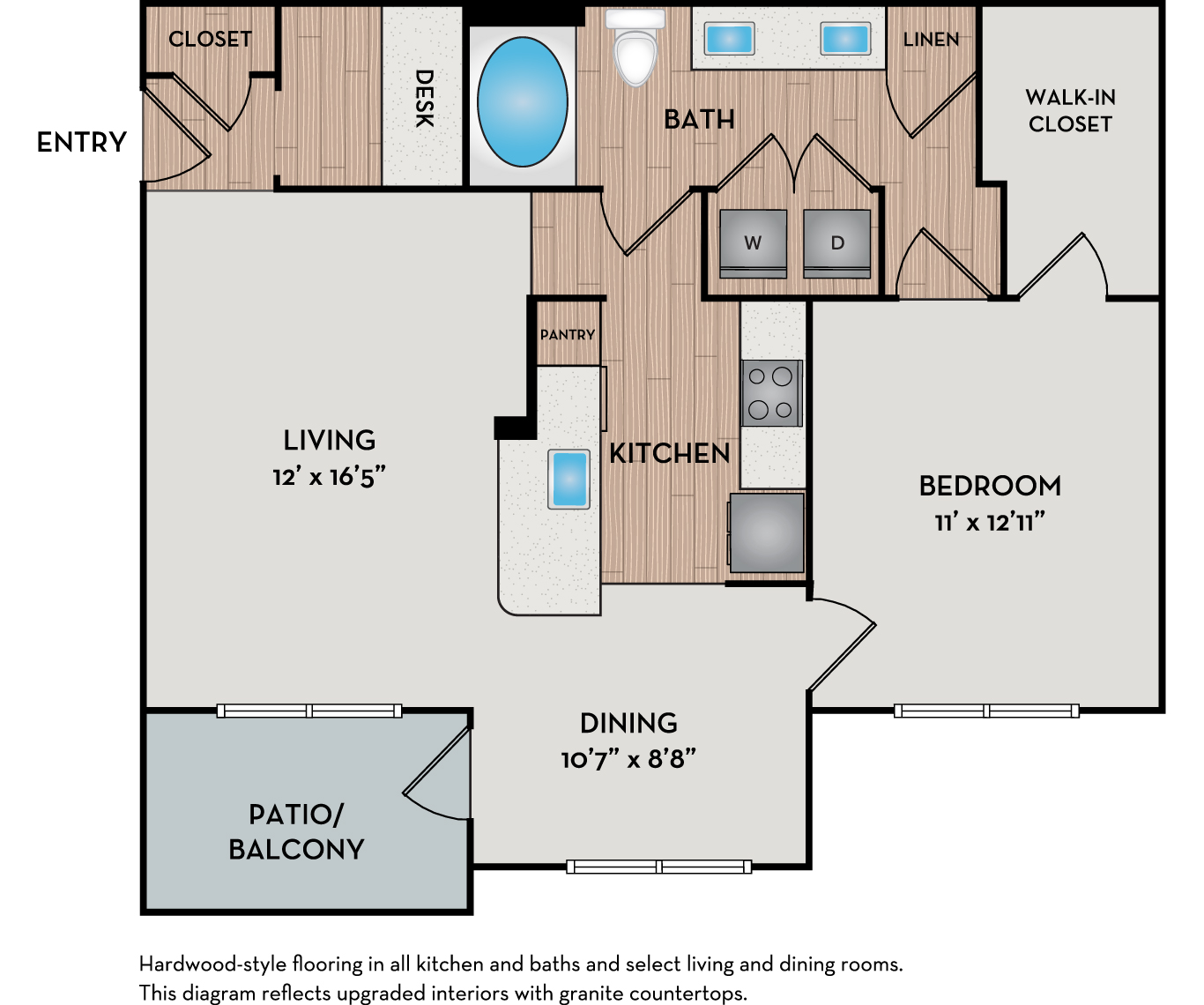 Floor plan for 1 bed, 1 bath, 815 sqft