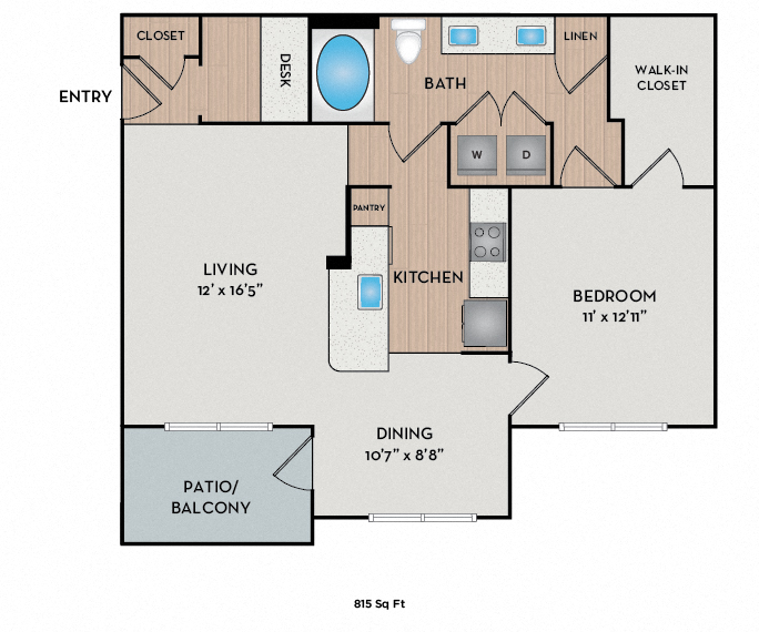 Floor plan for 1 bed, 1 bath, 815 sqft