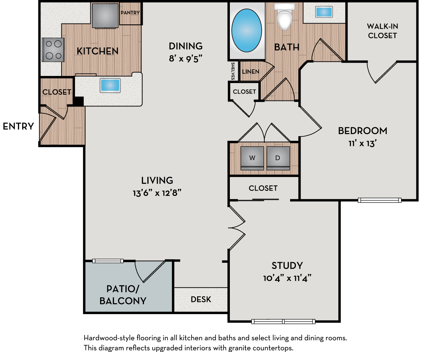 Floor plan for 2 beds, 1 bath, 918 sqft