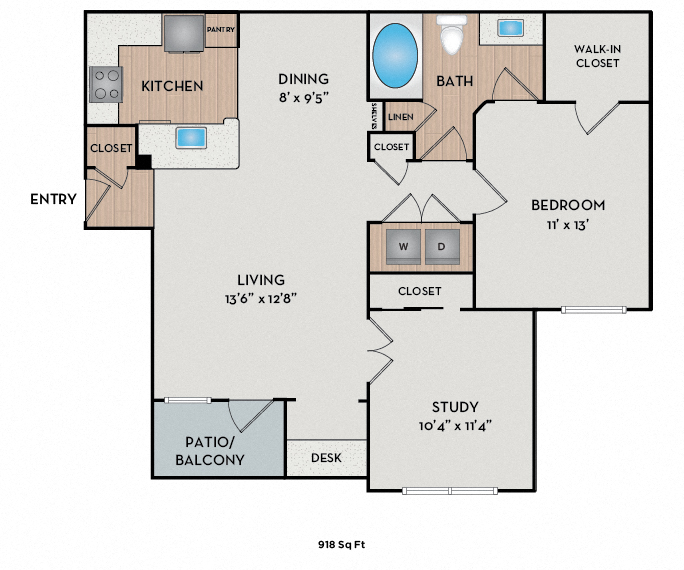 Floor plan for 2 beds, 1 bath, 918 sqft