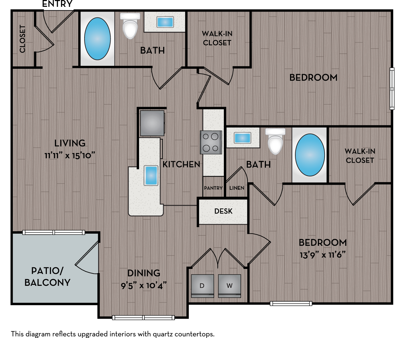Floor plan for 2 beds, 2 baths, 1040 sqft