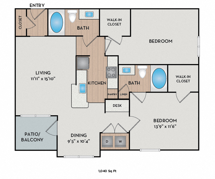 Floor plan for 2 beds, 2 baths, 1040 sqft