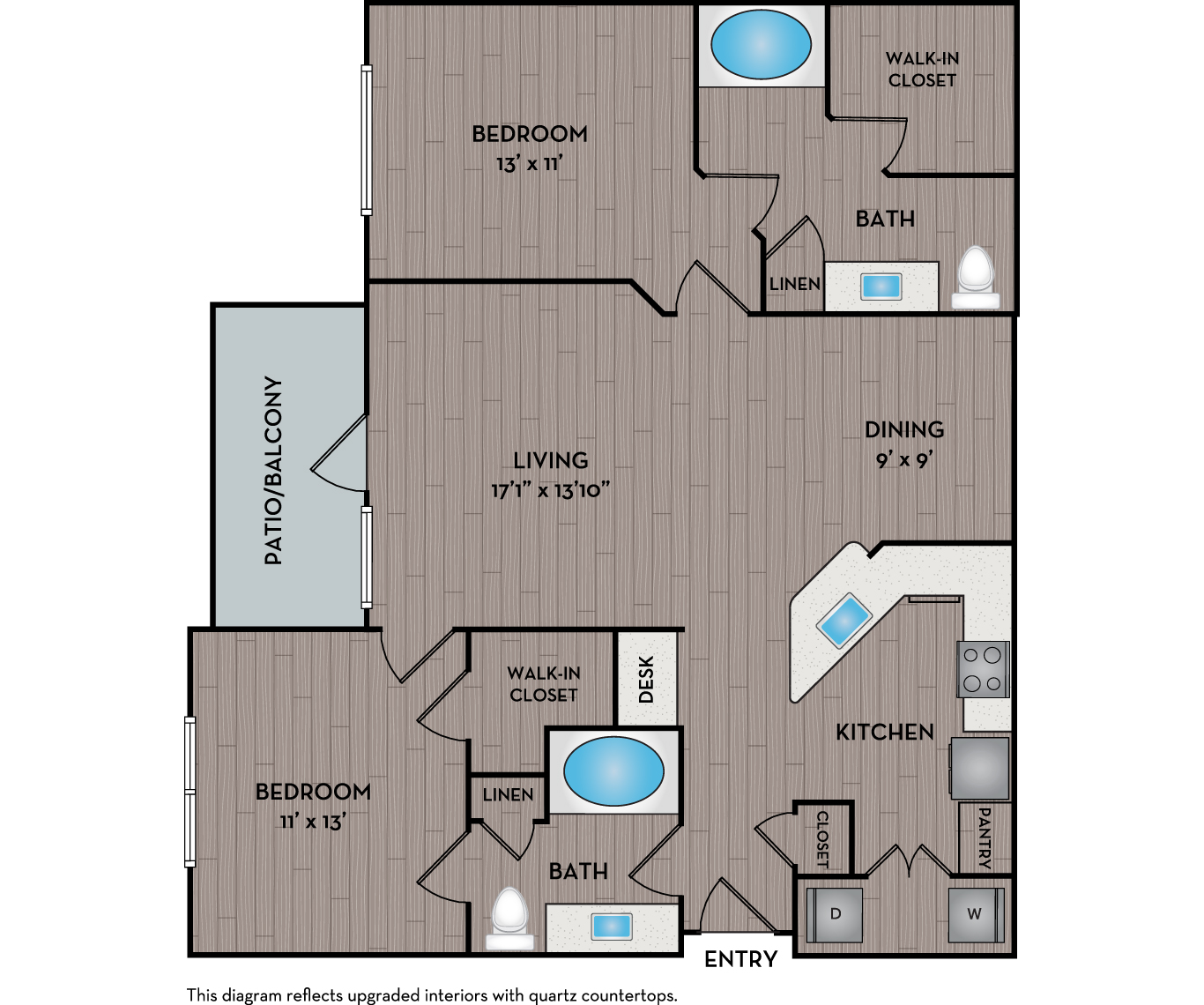 Floor plan for 2 beds, 2 baths, 1133 sqft