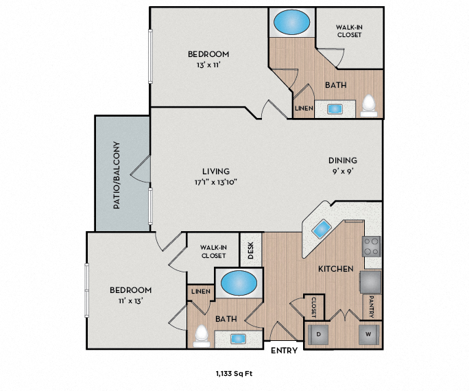 Floor plan for 2 beds, 2 baths, 1133 sqft