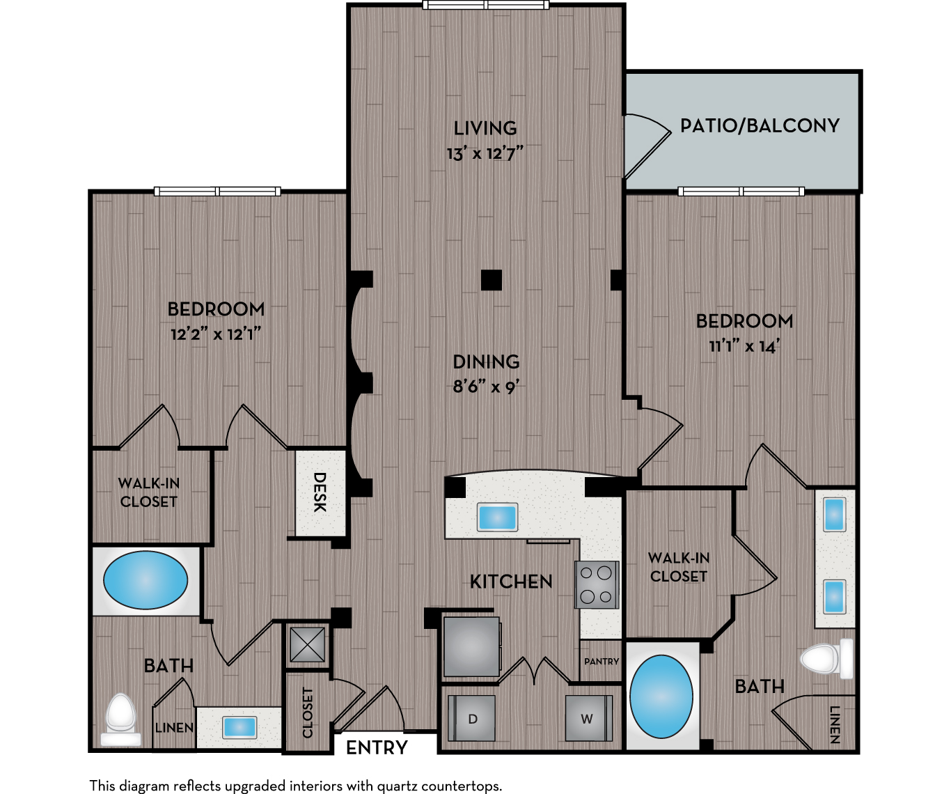Floor plan for 2 beds, 2 baths, 1142 sqft