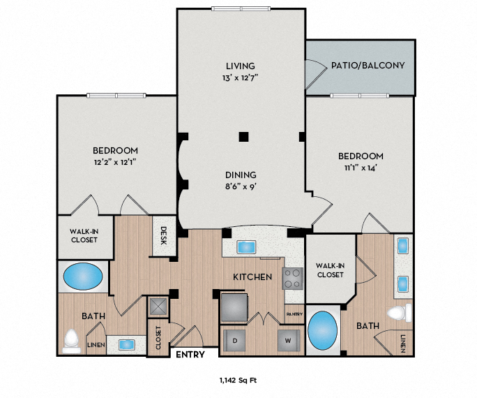 Floor plan for 2 beds, 2 baths, 1142 sqft