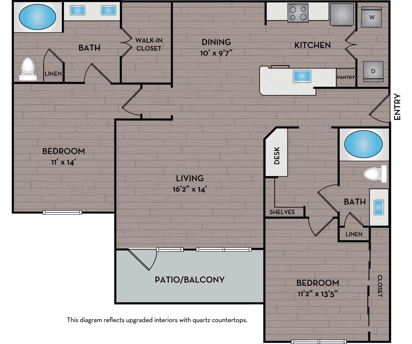 Floor plan for 2 beds, 2 baths, 1255 sqft