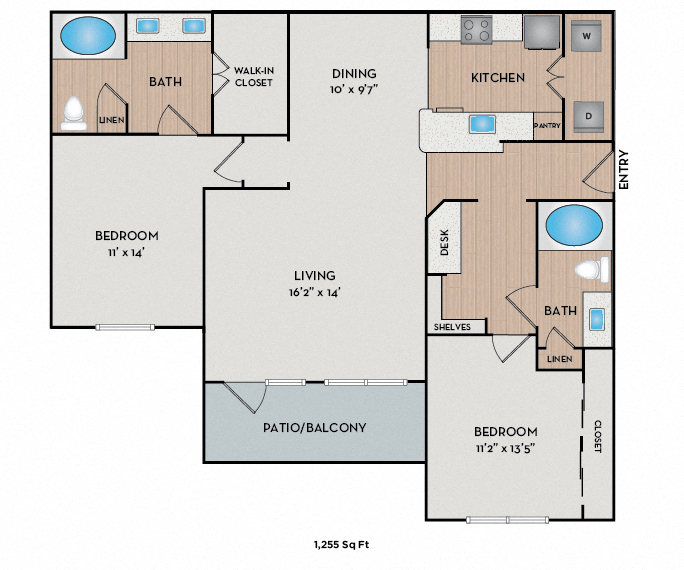 Floor plan for 2 beds, 2 baths, 1255 sqft