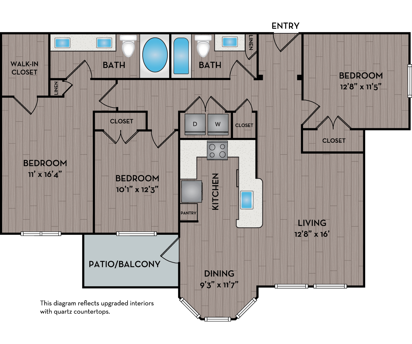 Floor plan for 3 beds, 2 baths, 1349 sqft