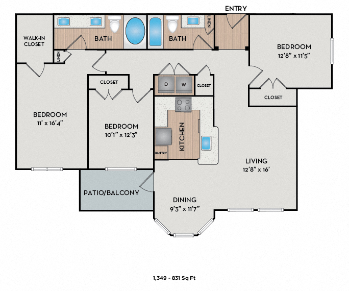 Floor plan for 3 beds, 2 baths, 1349 sqft