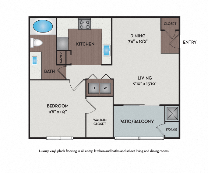 Floor plan for 1 bed, 1 bath, 690 sqft