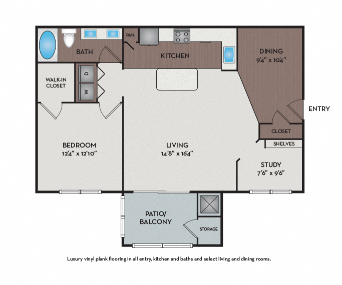 Floor plan for 1 bed, 1 bath, 972 sqft