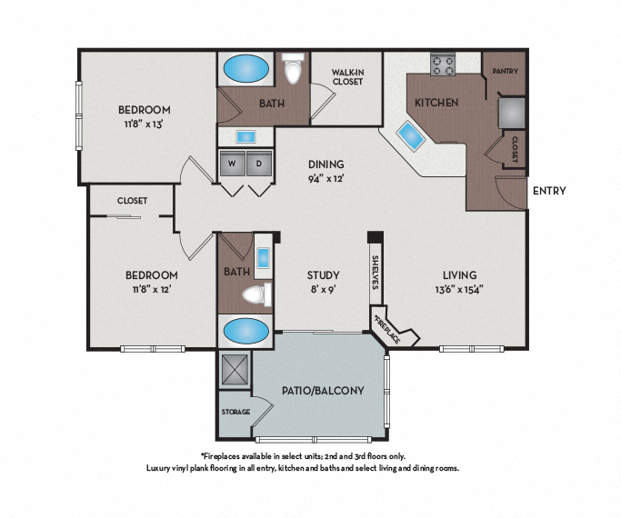 Floor plan for 2 beds, 2 baths, 1147 sqft