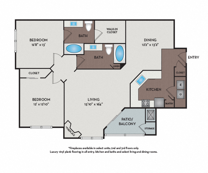 Floor plan for 2 beds, 2 baths, 1250 sqft