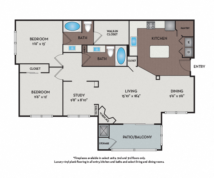 Floor plan for 2 beds, 2 baths, 1336 sqft