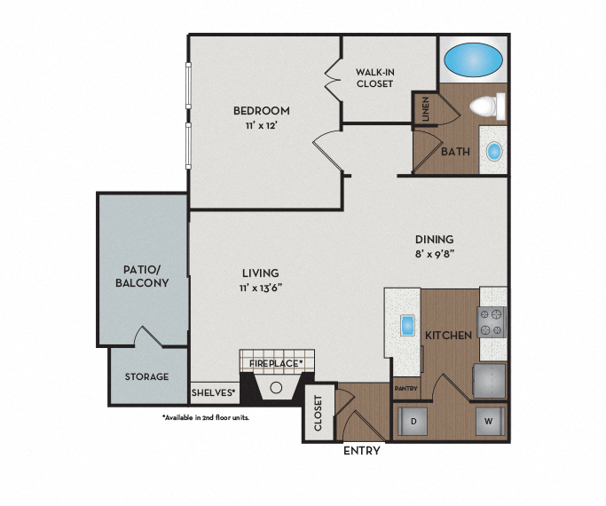 Floor plan for 1 bed, 1 bath, 698 sqft