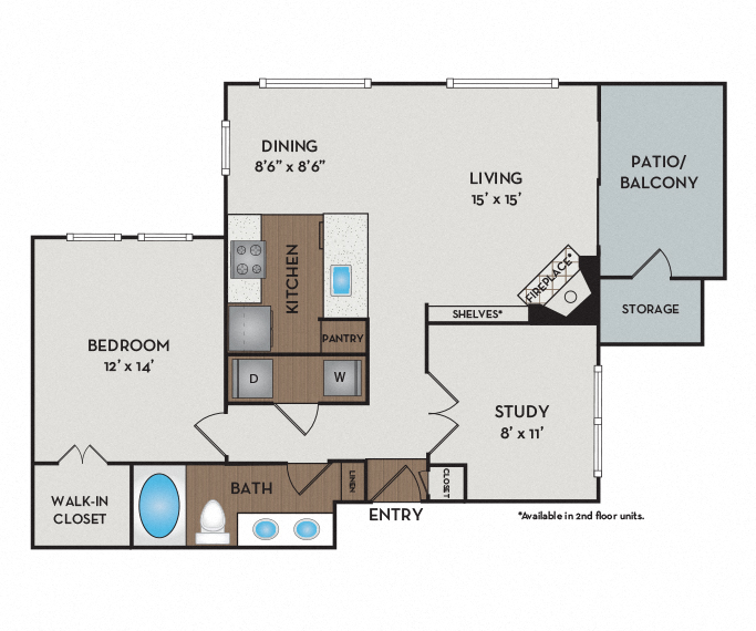 Floor plan for 1 bed, 1 bath, 914 sqft
