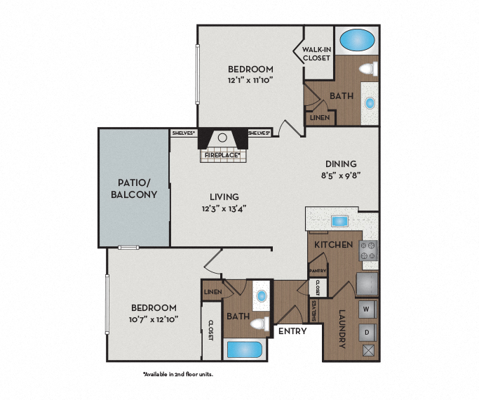 Floor plan for 2 beds, 2 baths, 1022 sqft