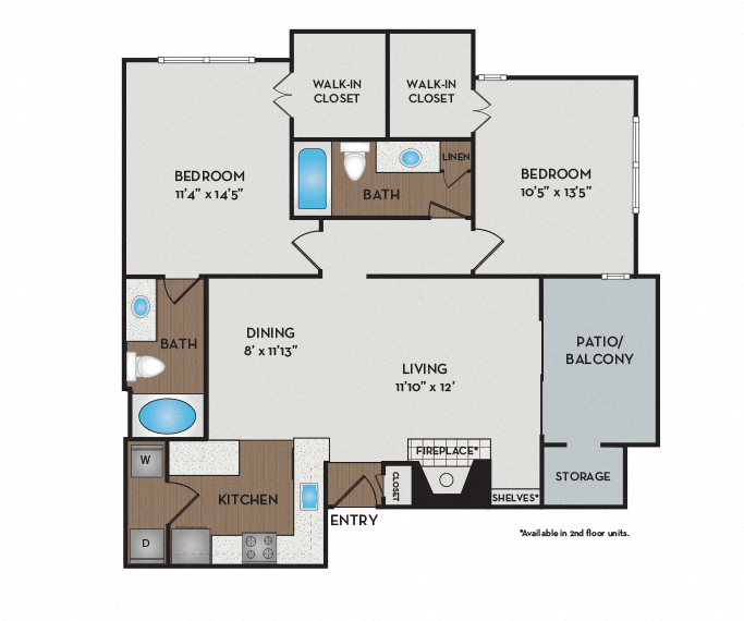 Floor plan for 2 beds, 2 baths, 1073 sqft
