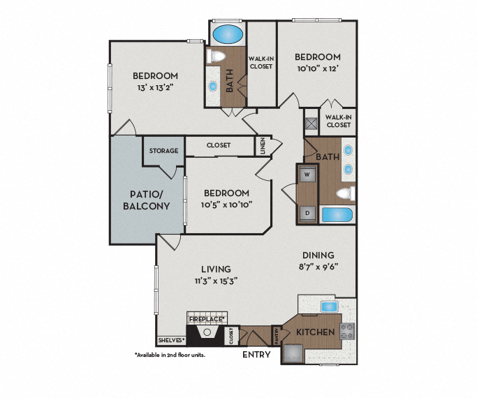 Floor plan for 3 beds, 2 baths, 1371 sqft