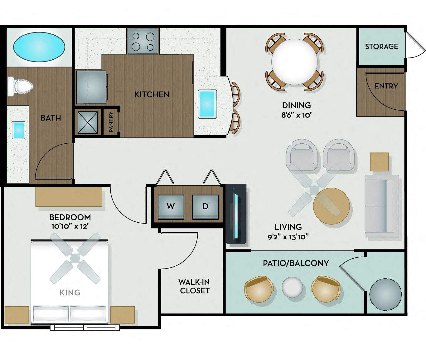 Floor plan for 1 bed, 1 bath, 657 sqft
