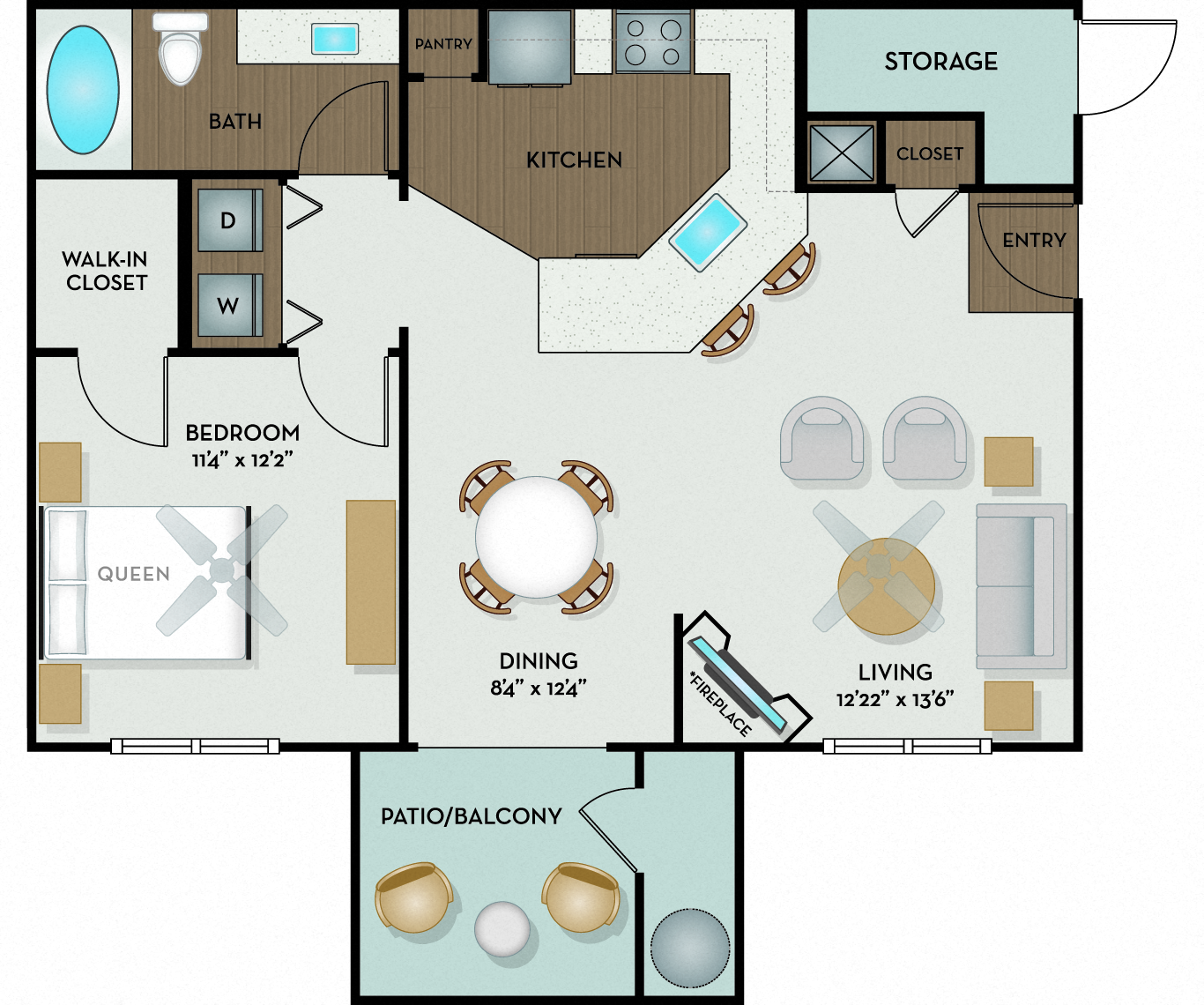 Floor plan for 1 bed, 1 bath, 757 sqft