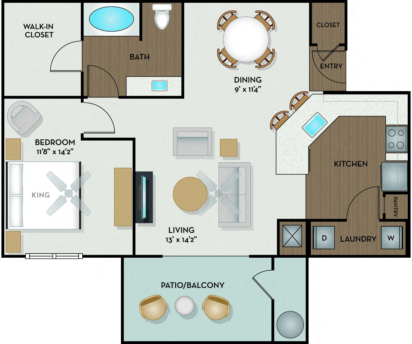 Floor plan for 1 bed, 1 bath, 840 sqft
