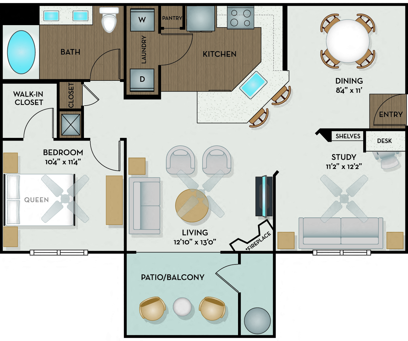 Floor plan for 1 bed, 1 bath, 926 sqft
