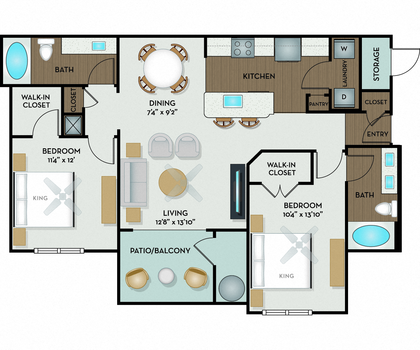 Floor plan for 2 beds, 2 baths, 1043 sqft