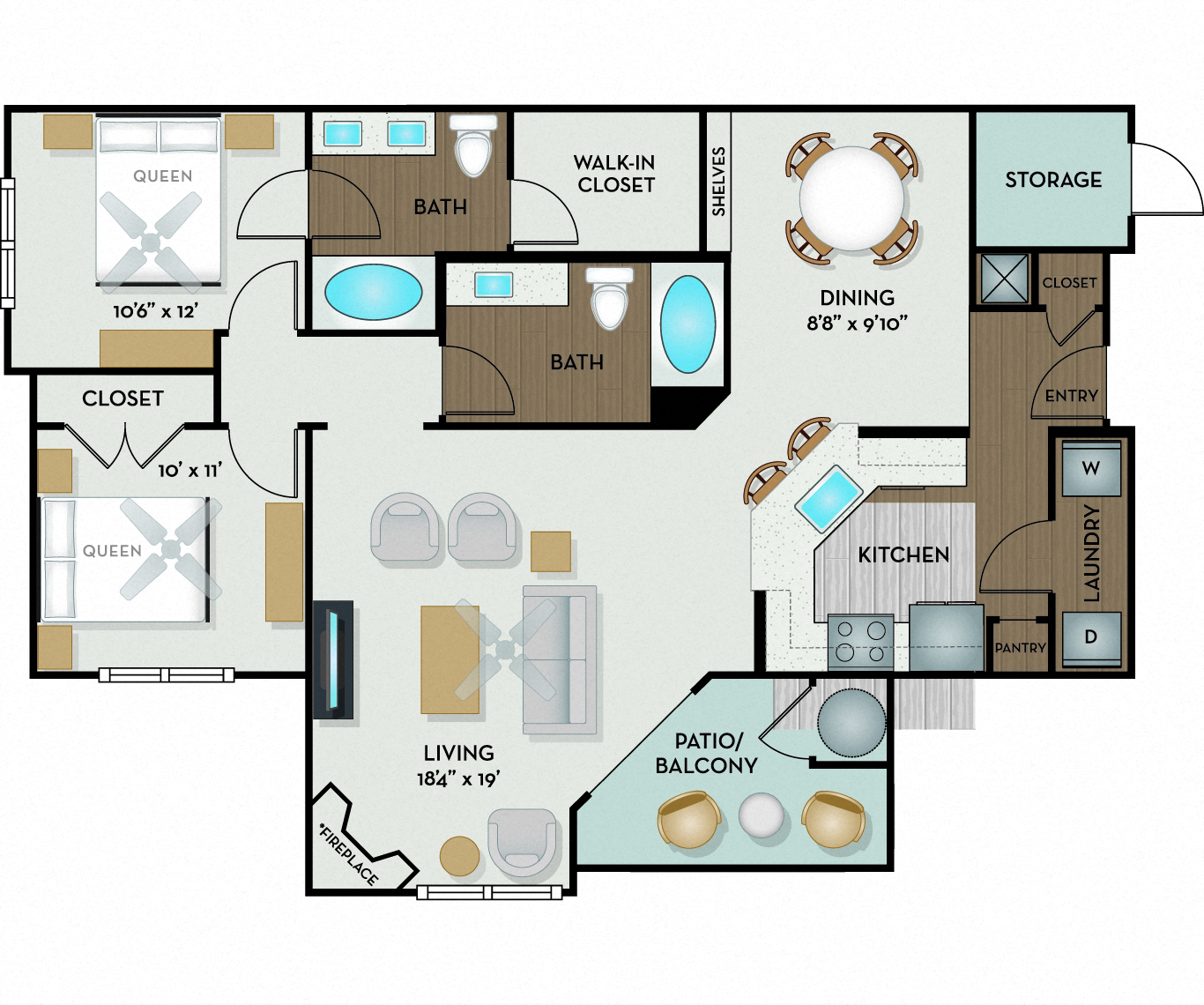 Floor plan for 2 beds, 2 baths, 1176 sqft
