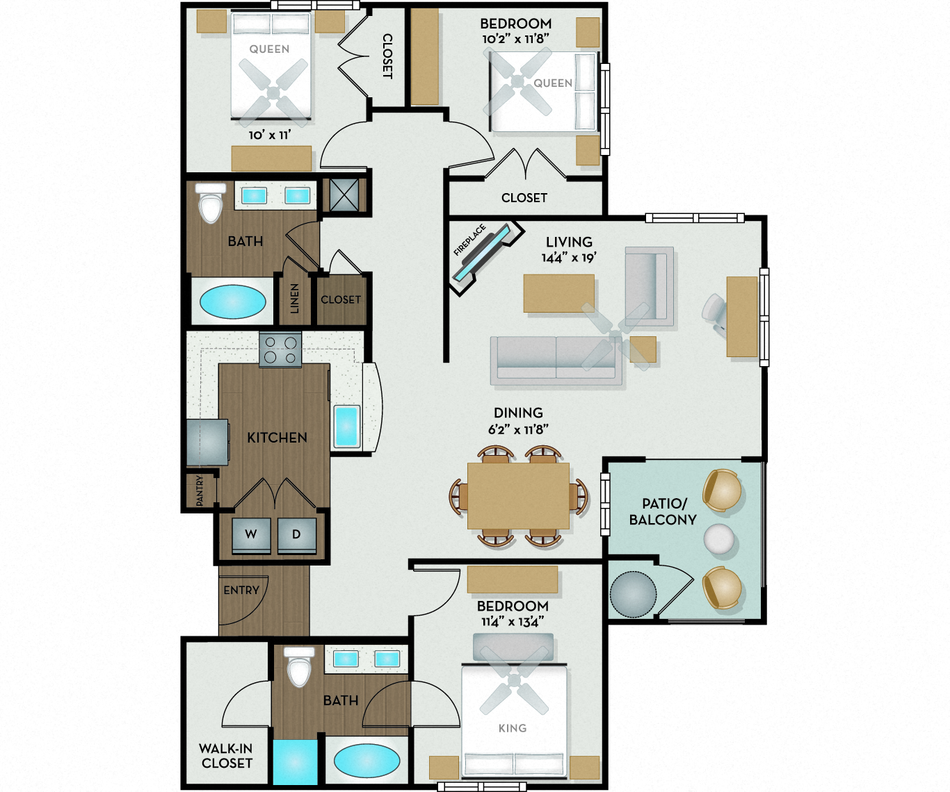 Floor plan for 3 beds, 2 baths, 1395 sqft