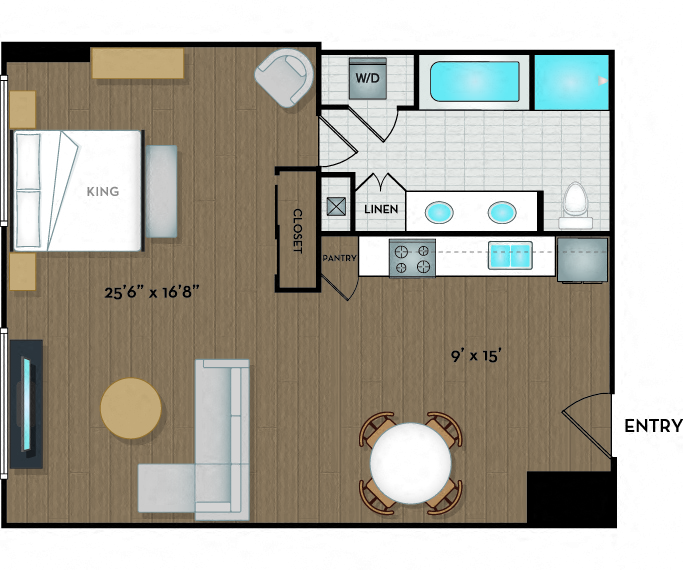Floor plan for studio, 1 bath, 838 sqft