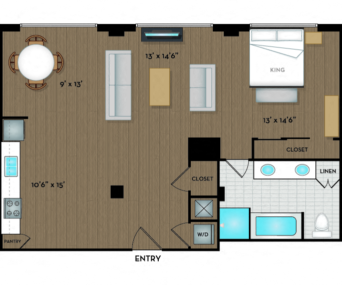 Floor plan for studio, 1 bath, 1197 sqft