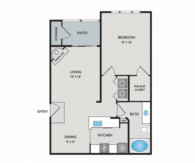 Floor plan for 1 bed, 1 bath, 752 sqft