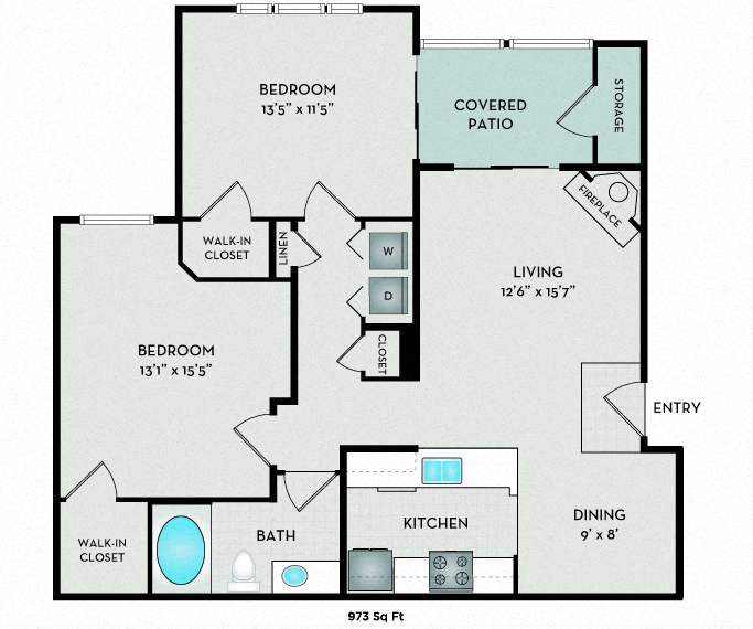 Floor plan for 2 beds, 1 bath, 973 sqft