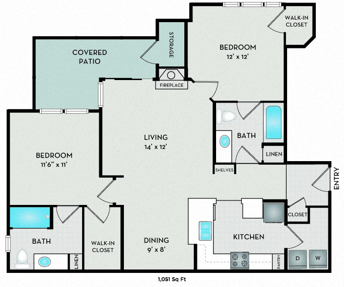 Floor plan for 2 beds, 2 baths, 1051 sqft