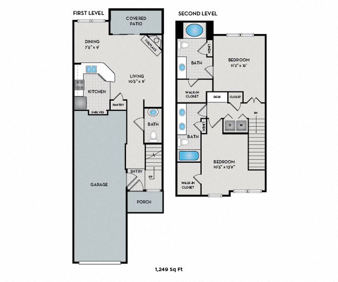 Floor plan for 2 beds, 2.5 baths, 1249 sqft