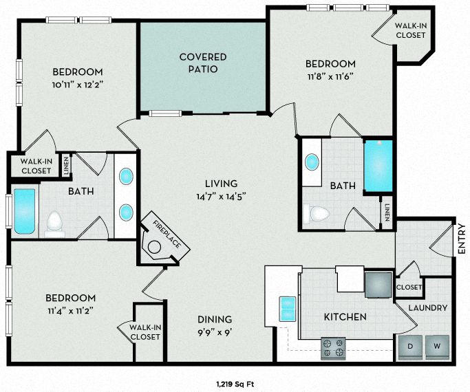 Floor plan for 3 beds, 2 baths, 1219 sqft