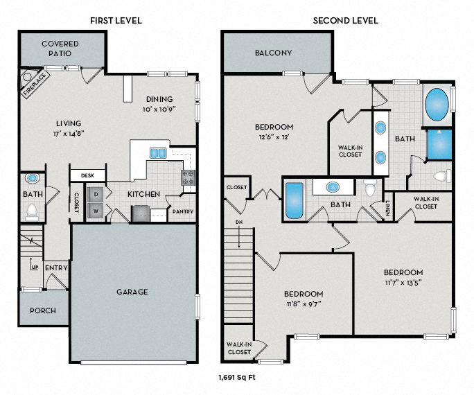 Floor plan for 3 beds, 2.5 baths, 1691 sqft