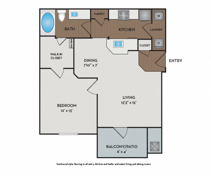 Floor plan for 1 bed, 1 bath, 697 sqft