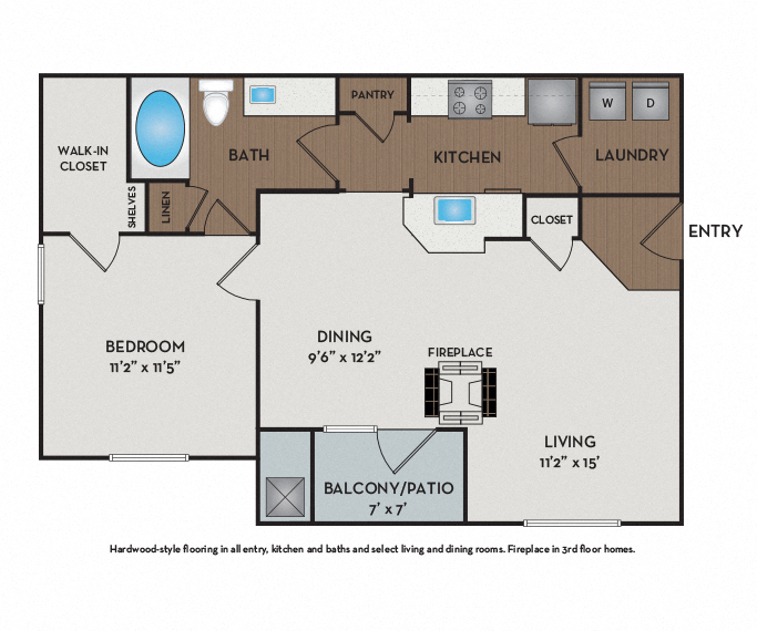 Floor plan for 1 bed, 1 bath, 739 sqft