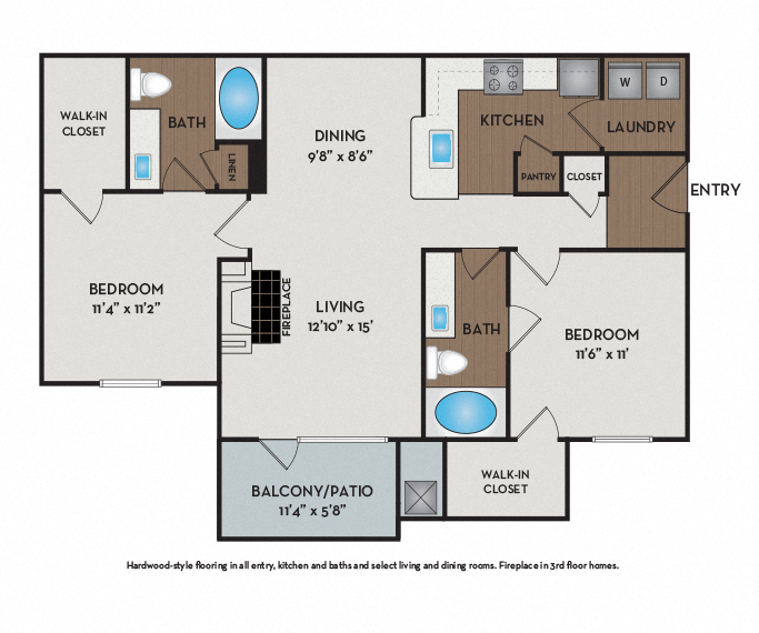 Floor plan for 2 beds, 2 baths, 1026 sqft