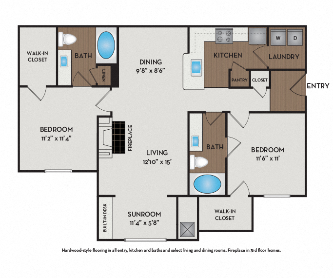 Floor plan for 2 beds, 2 baths, 1098 sqft