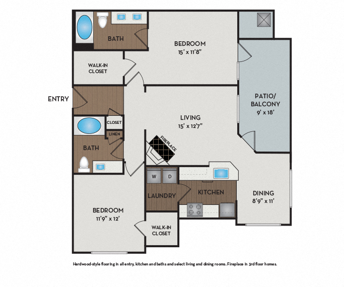 Floor plan for 2 beds, 2 baths, 1159 sqft