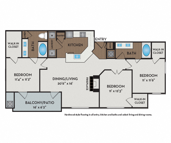 Floor plan for 3 beds, 2 baths, 1252 sqft