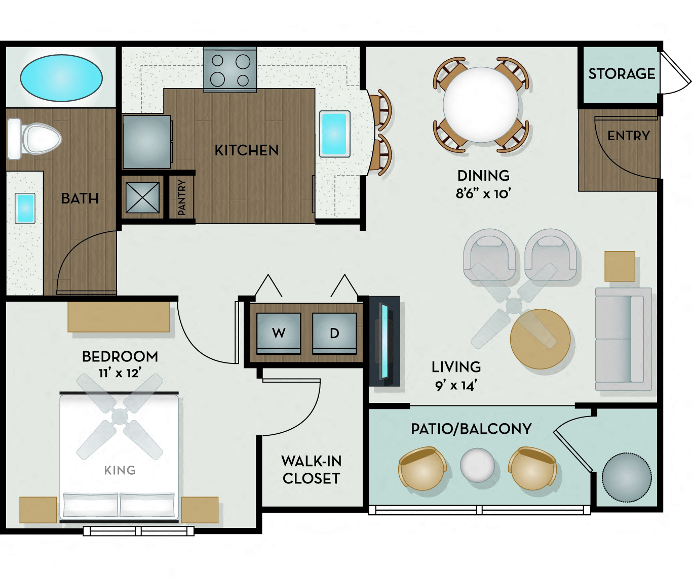 Floor plan for 1 bed, 1 bath, 657 sqft