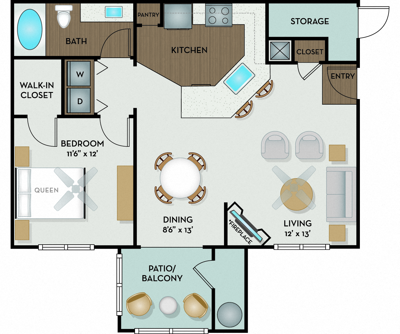 Floor plan for 1 bed, 1 bath, 759 sqft