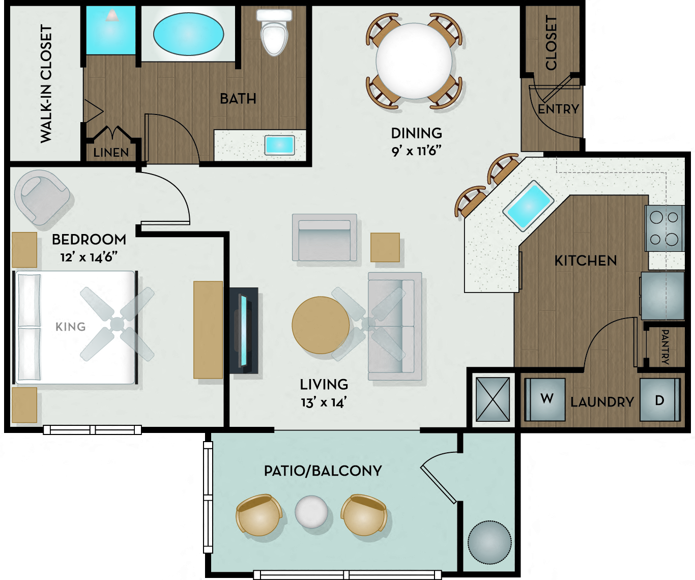 Floor plan for 1 bed, 1 bath, 840 sqft